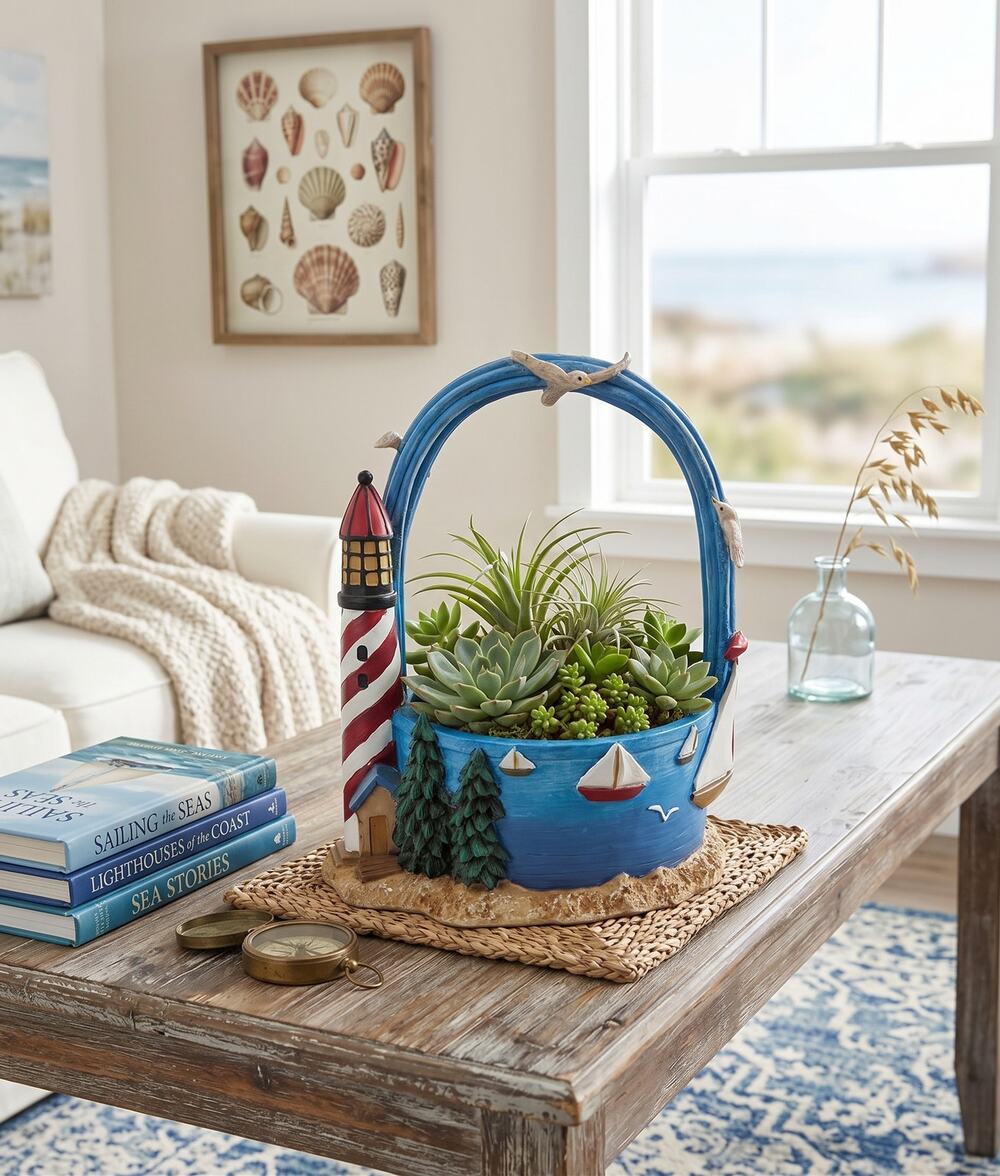 Vintage Coastal Lighthouse Planter Basket Resin Nautical Sailboat Seagull
